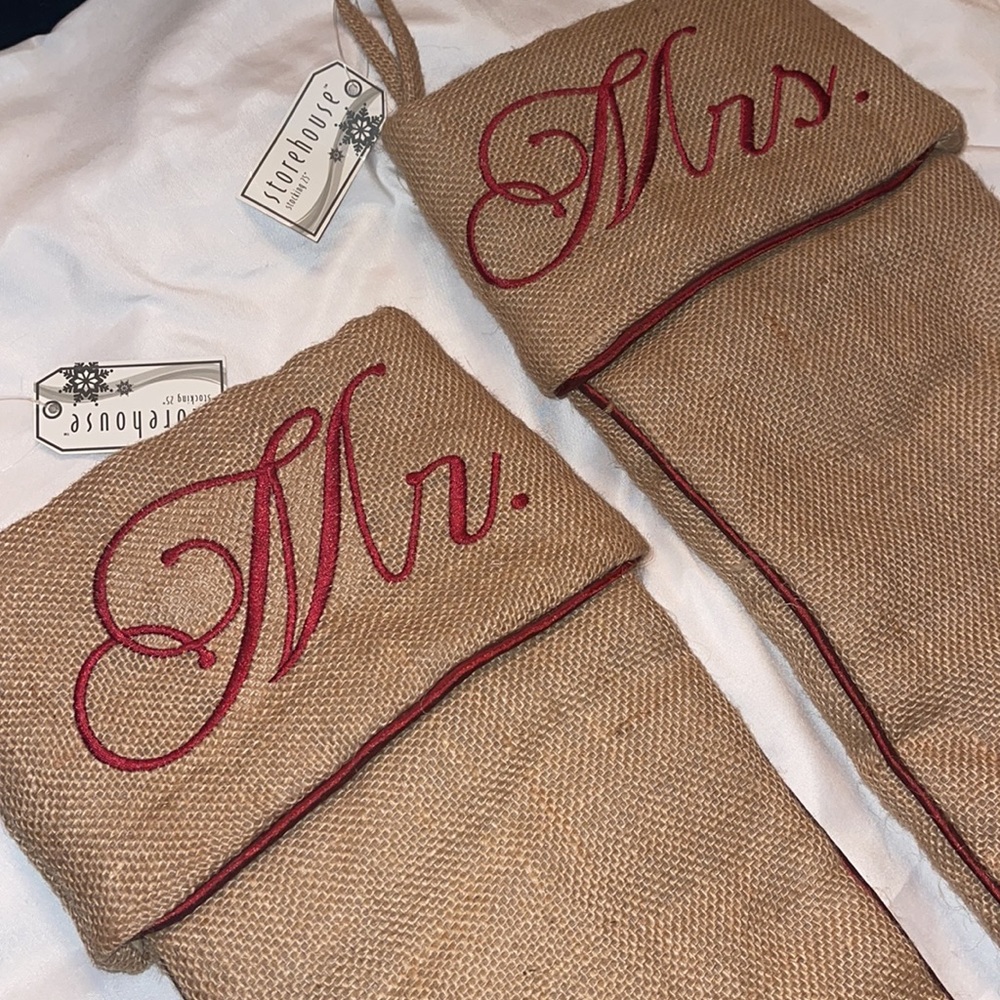 NWT Storehouse Mr and Mrs Stocking 25’ Burlap with Red trims Christmas - Picture 2 of 6